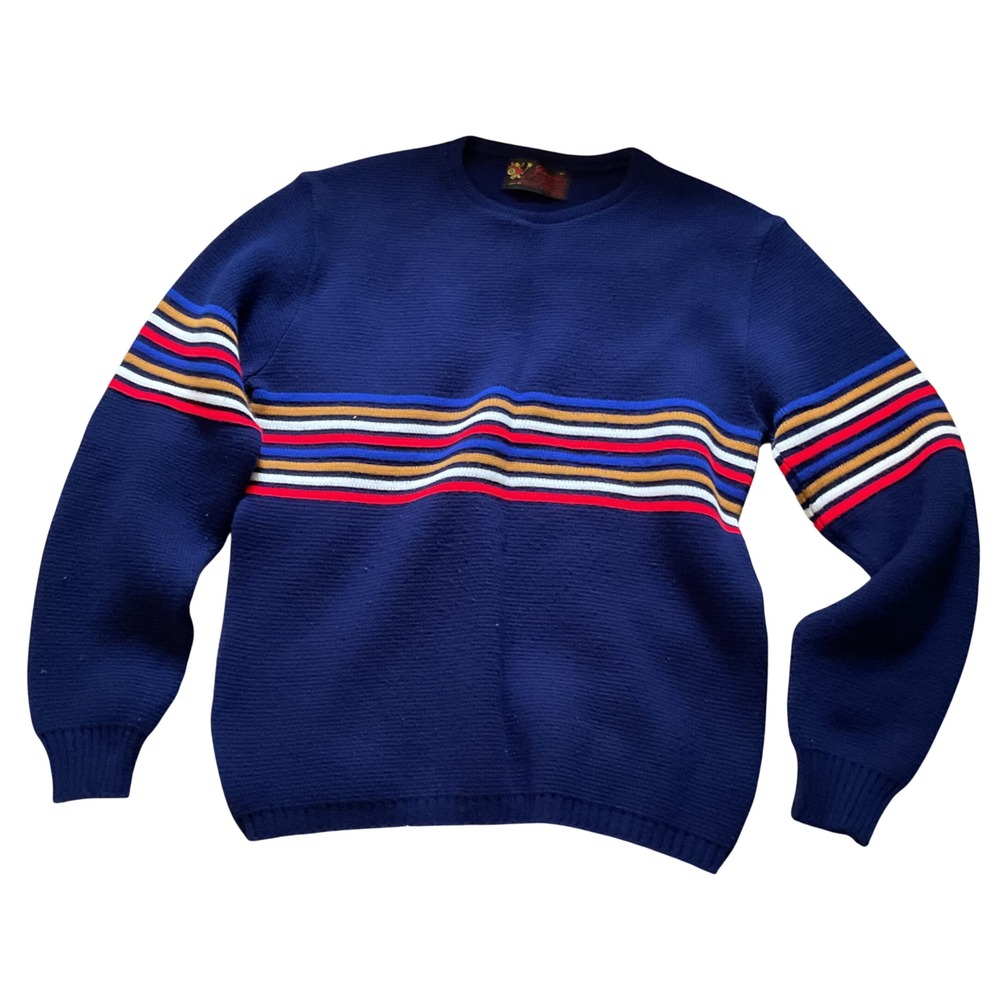Vintage Jersild Mens Navy Blue Orlon Acrylic Striped Crewneck Sweater Medium